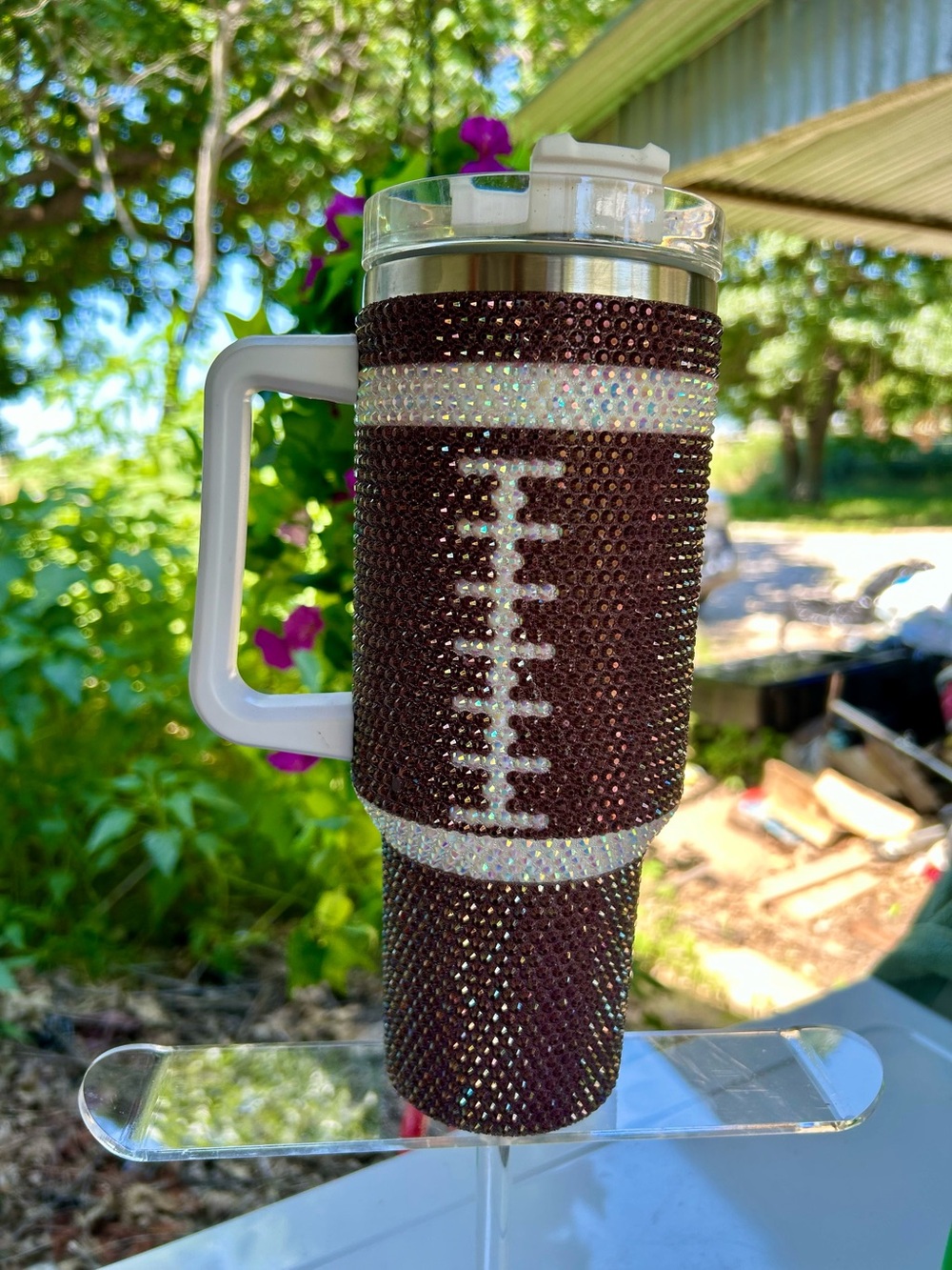 Bling Football Tumbler with Handle - Brown Rhinestones 40oz